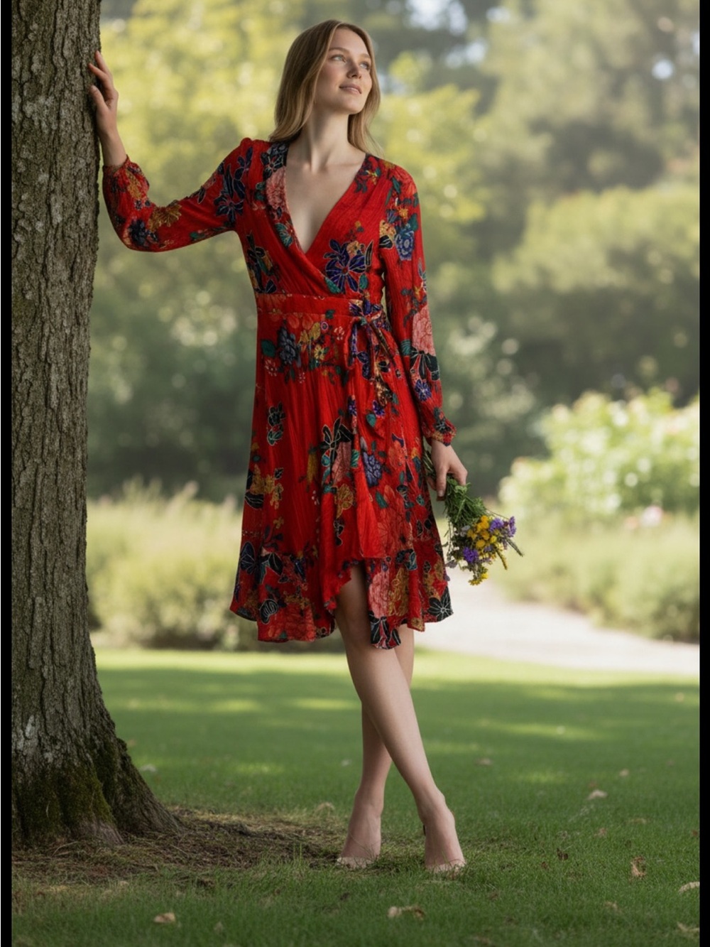 Anthropologie Boswell Textured Red Floral Surplice Neckline Faux Wrap Dress 0P